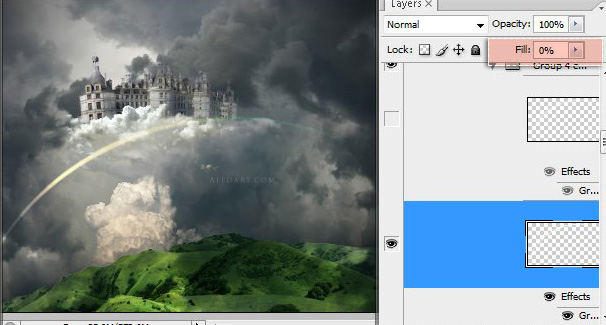 Castle in the Sky, castle in the clouds, dreamy landscape, mysterious, illustration, fantastic, rainbow effect in photoshop